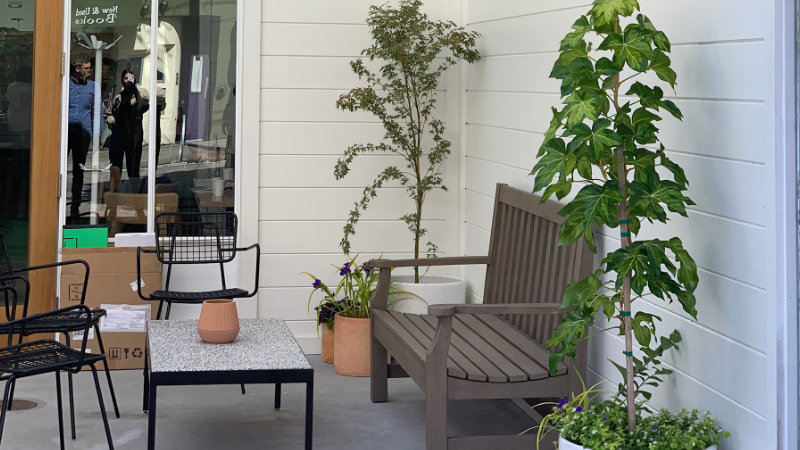 An outdoor seating area next to our Inner Sunset bakery